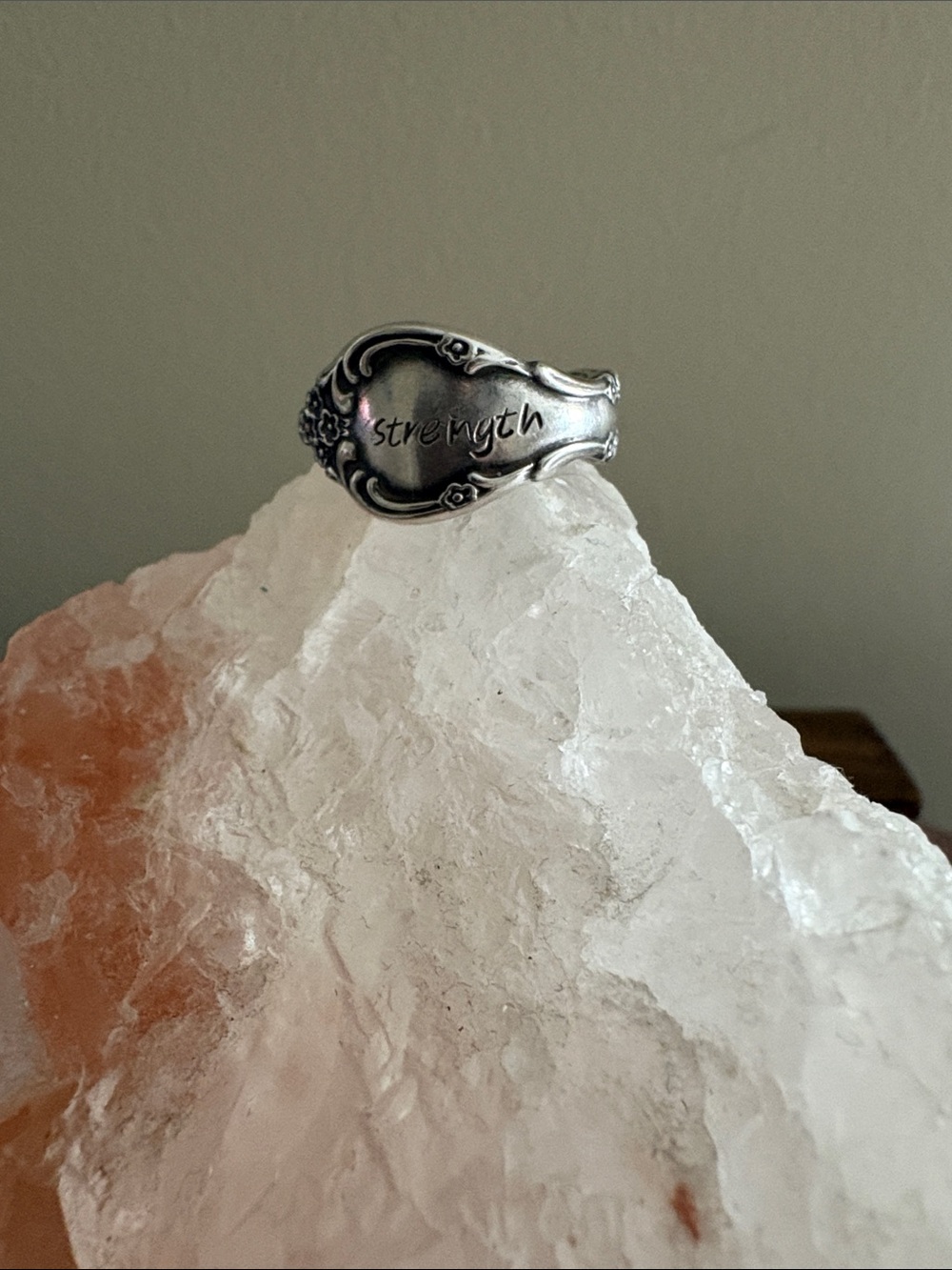 Strength Engraved Silver Spoon Ring - Women Jewelry
